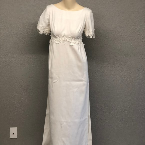 Dresses & Skirts - Vintage 60s Linen Blend Tailored Wedding Dress, Heavy Floral Embroidery Trim
